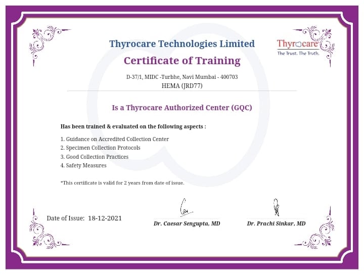 Thyrocare Sakchi - Certificate of Authorization and Quality Training