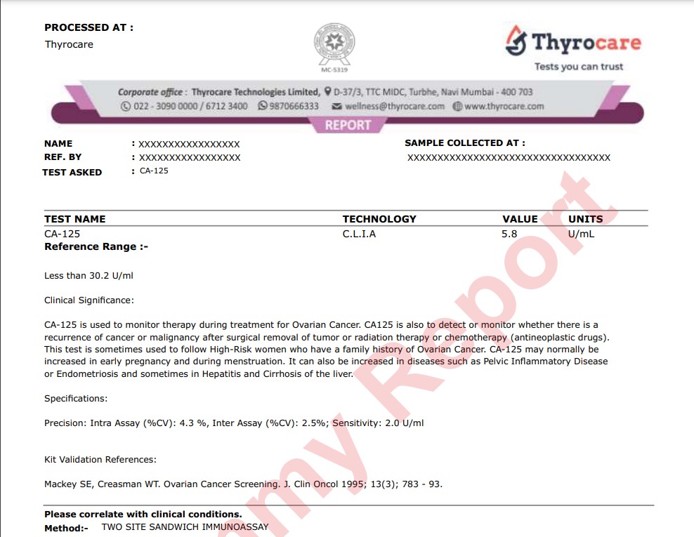 CA 125 test report format, dummy report