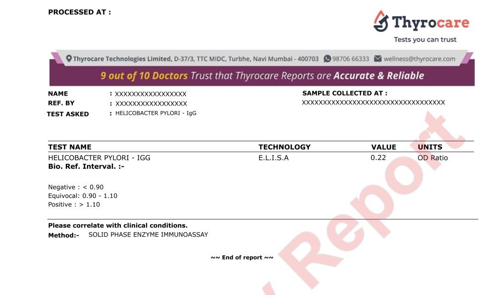 Helicobacter Pylori (H. Pylori) IgG Test at ₹1,099 3 Helicobacter Pylori Test Report - H. Pylori IgG blood test