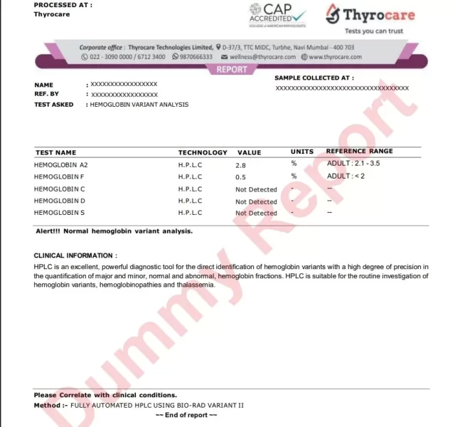 HPLC Blood Test - Hb HPLC - Thamasselia test report