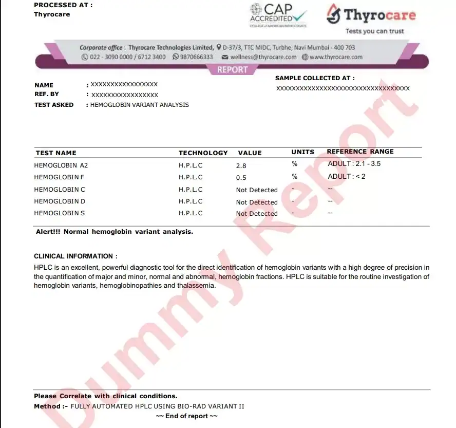 Sample Hb HPLC Hemoglobin Variant Analysis Report featuring fraction percentages